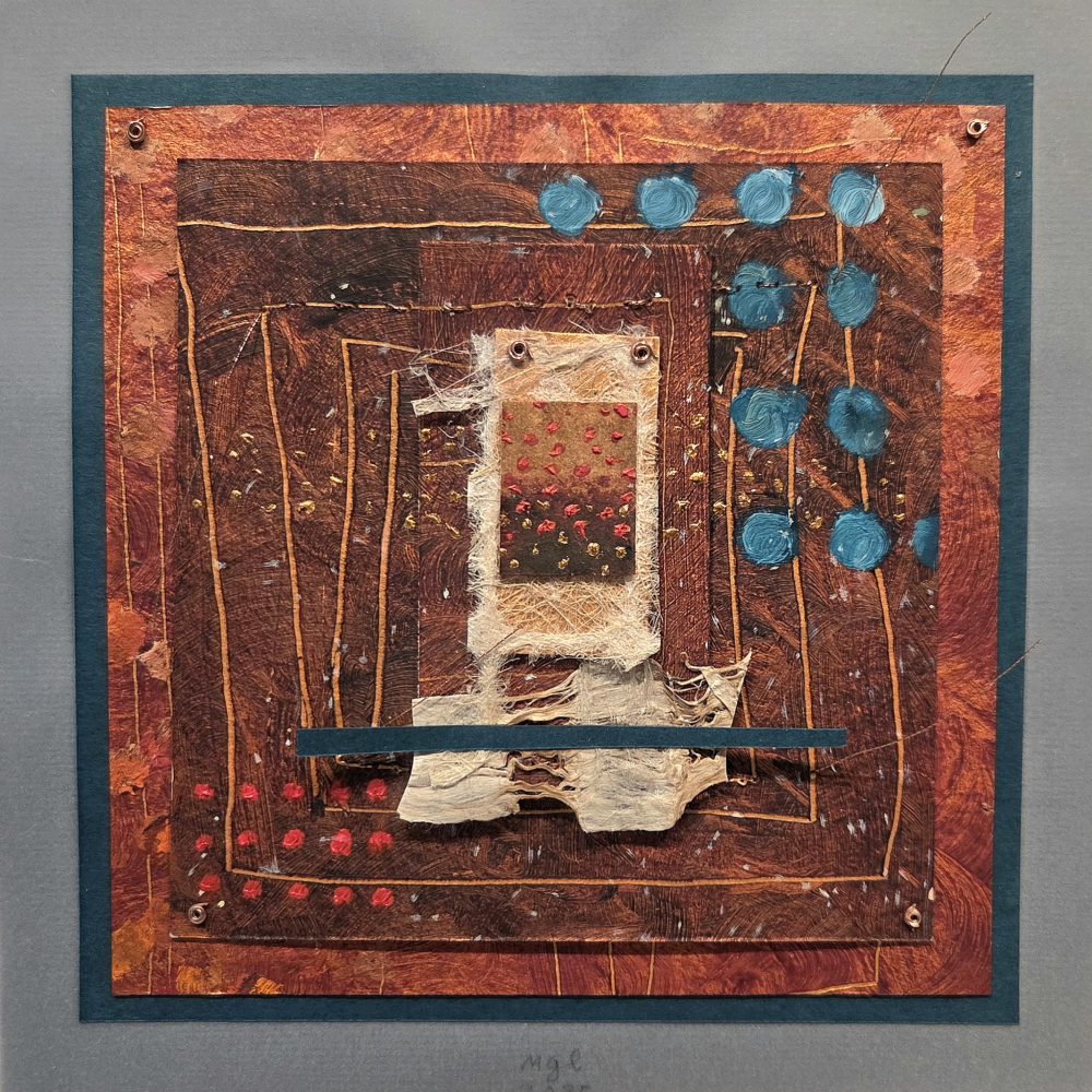 Oil and metallic paint, thread, and wire on papers 7”W x 7”H 2025